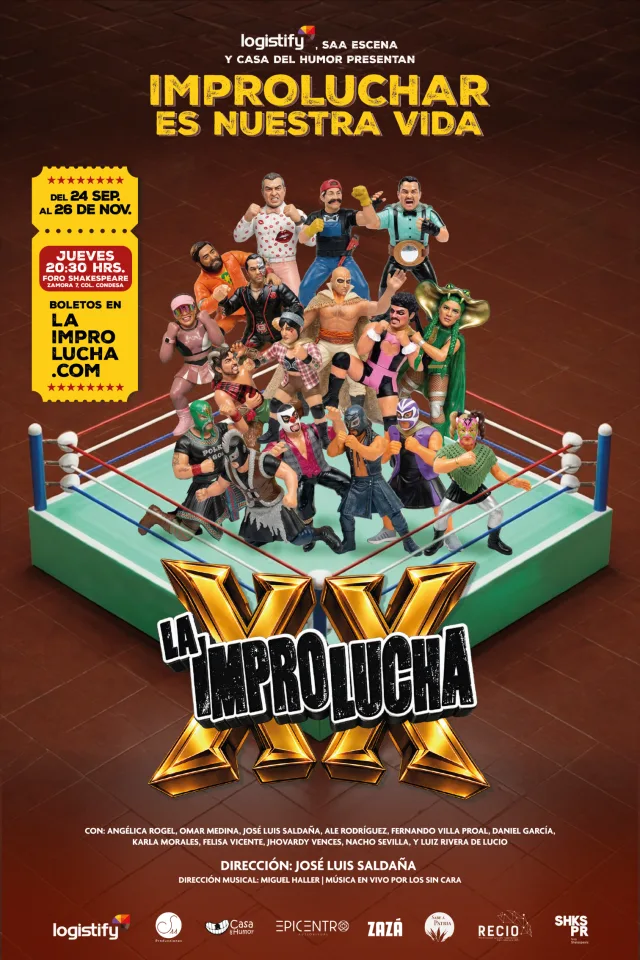 Póster de La Impro Lucha XX en Foro Shakespeare, espectáculo de improvisación teatral y lucha libre.